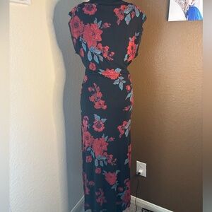 Othr Black Maxi Dress with Red Floral Print and Teal Leaves